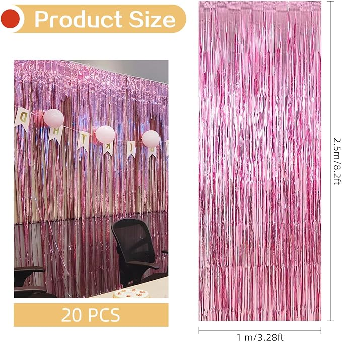 20 Pack Pink Foil Fringe Backdrop Curtains 3.2ft x 8.2ft Metallic Tinsel Foil - Image 3