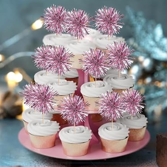 40 PCS Foil Firework Cupcake Toppers Sparkle Tinsel Cupcakae Picks Sparkler - Image 7