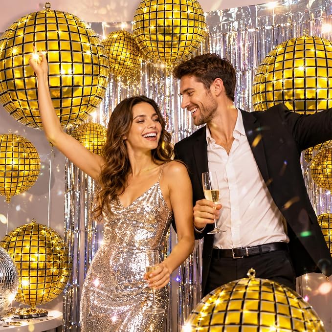 12Pcs Disco Ball Balloons Gold, Giant Metallic Gold Disco Foil Balloons - Image 3