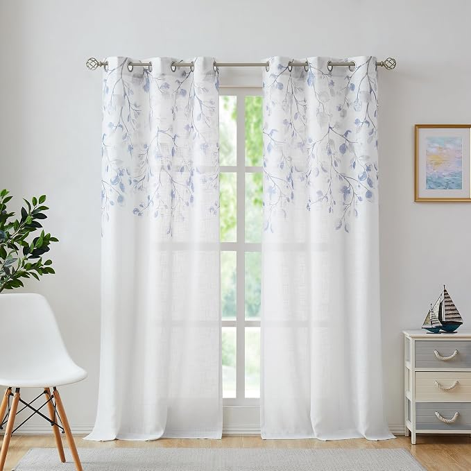 Central Park Leaf Floral Print Metallic Sheer Curtain, Grommet Top, Linen - Image 2