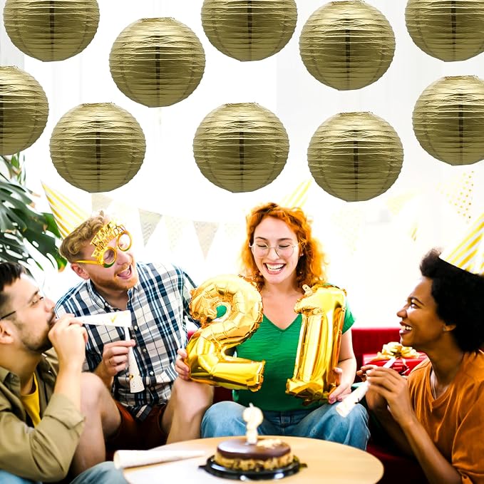 Gold Round Paper Lanterns Chinese Japanese Hanging Ceiling Lanterns 10IN | - Image 5