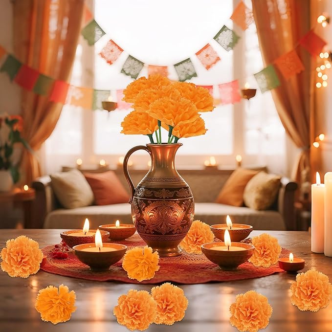 30 Pcs Artificial Marigold Flowers,3.54" Silk Marigold Flower Heads with Stems,Orange Flowers Artificial for Diwali Decor,Indian Wedding,Home,DIY Wreath Garland,Day of The Dead Decorations