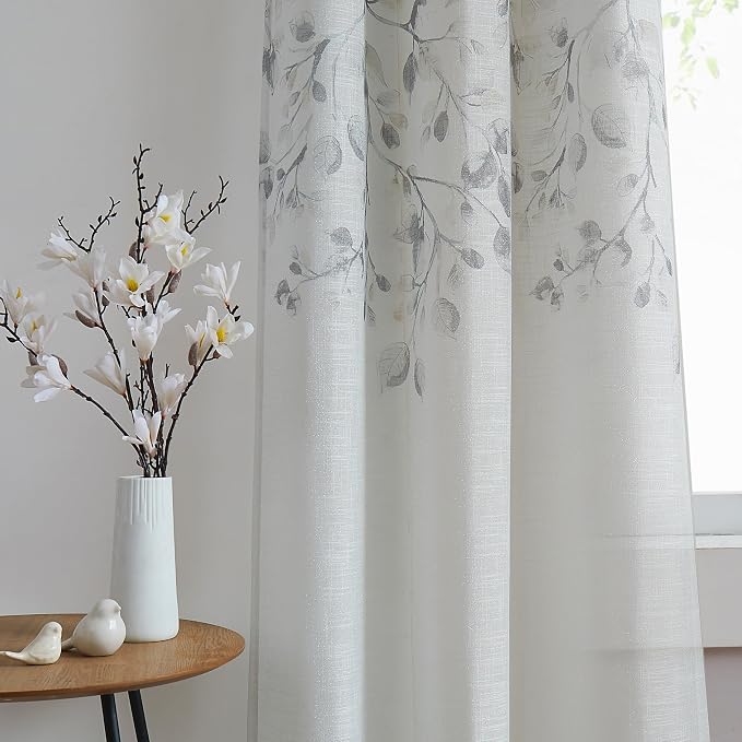 Central Park Leaf Floral Print Metallic Sheer Window Curtain Panel - Image 2