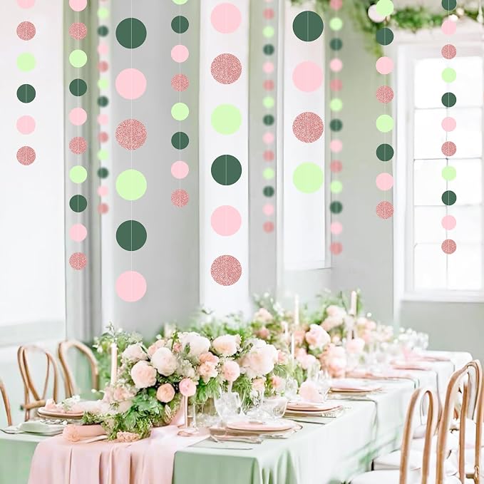 5PCS Sage Green Paper Garland, 72ft Sage Green Pink Polka Dots Circle Ceiling - Image 3