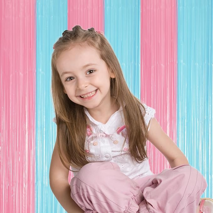 Voircoloria Pastel Blue Pink Fringe Backdrop Curtains, 2 Pack | Tinsel Streamers - Image 5