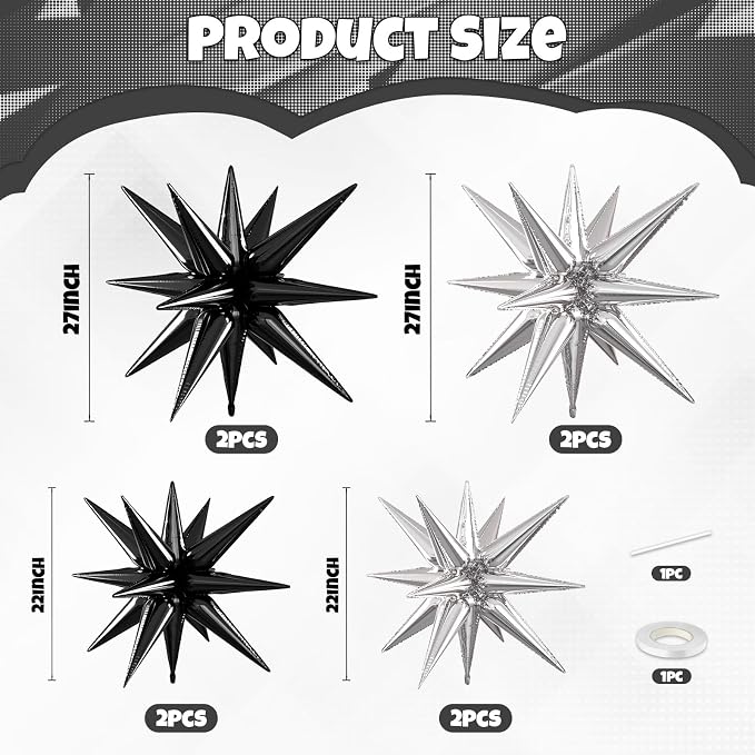 Black Silver Star Balloons, 22/27 Inch Silver and Black Star Foil Balloons - Image 2
