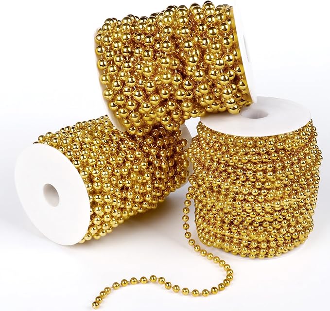 [33 Feet] Gold Pearl Beads Garland, 10MM 11 Yards Gold Faux Pearl Beads String Roll Bulk for DIY Craft Christmas Tree Wedding Party Decoration