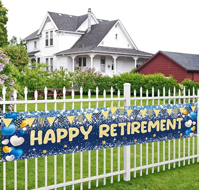 Happy Retirement Banner Backdrop Party Decoration Blue Gold Glitter Garland by FHGG