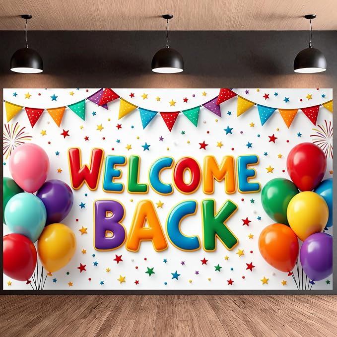Welcome Back Banner Decorations Colorful Balloons Stars Welcome Home Background - Image 3
