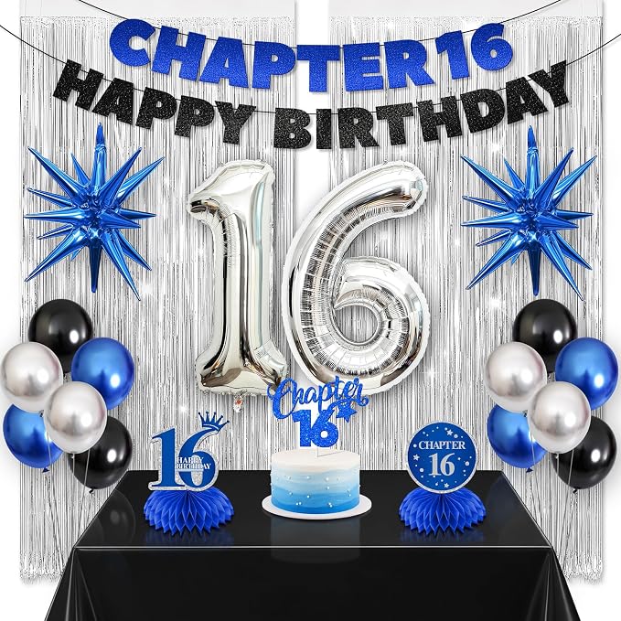 16th Birthday Decorations for Boys and Girls, Fringe Curtains, Tablecloth and by Vicycaty
