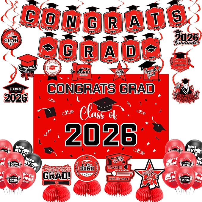 Graduation Decorations 2026 Red Themed Set by Zerunyiw