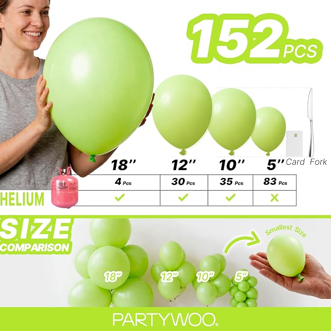 PartyWoo Lime Balloons 152pcs Green Light Green Color 18 12 10 5 Inch | Balloons - Image 6