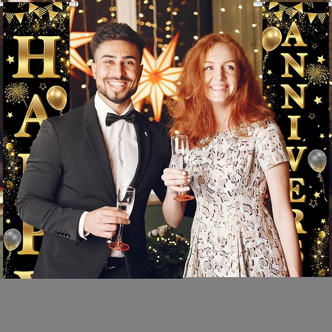 Avezano Happy Anniversary Door Banner Black and Gold Anniversary Decorations - Image 3