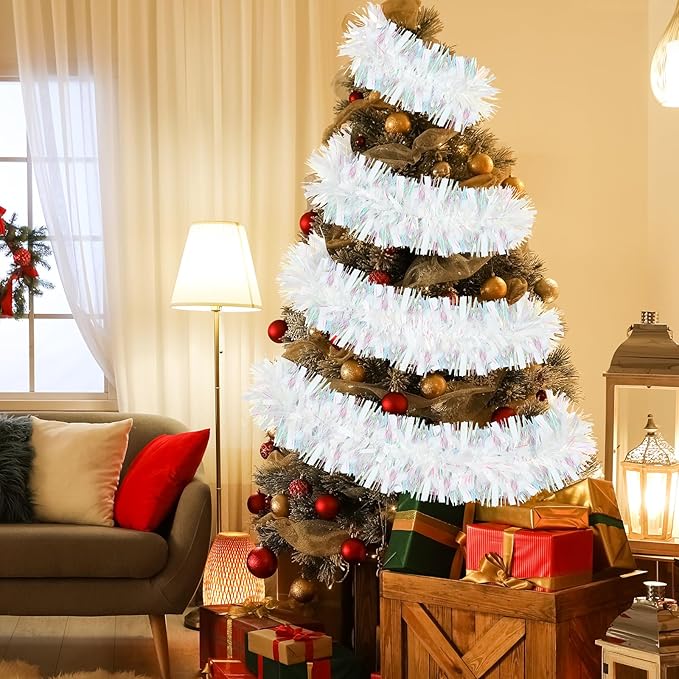 72 Feet Christmas Tinsel Garland Shiny Metallic Tinsel Twist Garland Streamers Ornaments Long Glitter Christmas Tree Hanging Decorations for Party Holiday Wedding Birthday Tree Wall Rail (White)