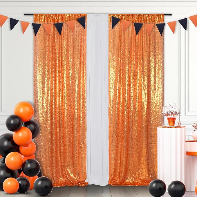 Eternal Beauty Orange Sequin Backdrop Curtains, 2 Panels 2x8FT | 3mm Sparkle - Image 2