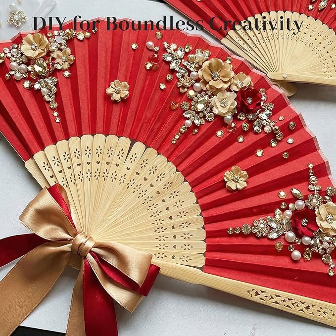 JOHOUSE 12 PCS Red Paper Folding Hand Fans, 8.3 Inch Foldable Handheld | Fans - Image 5