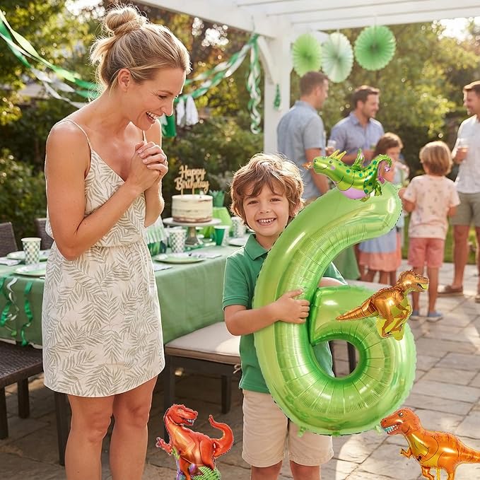 Dinosaur 6th Birthday Decorations 40 Inch Giant Green Number 6 Foil Balloon | - Image 4