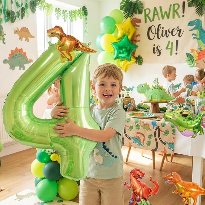 Dinosaur 4th Birthday Decorations 40 Inch Giant Green Number 4 Foil Balloon | - Image 4