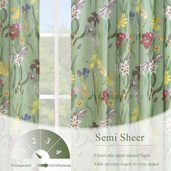 Schweek Ligth Green Boho Floral Curtain 63 Inch Length 2 Panels - Image 3