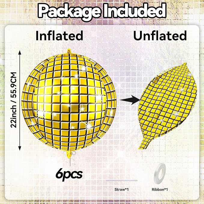 6pcs 22 Inch Gold Disco Ball Balloons, 4d Large Foil Aluminum Balloon - Image 2