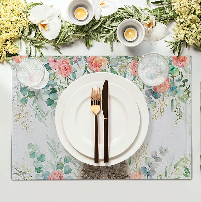 Easter Bunny Placemats Set of 4 Eucalyptus Leaves Rabbit Rose Place Mats 12x18 - Image 3