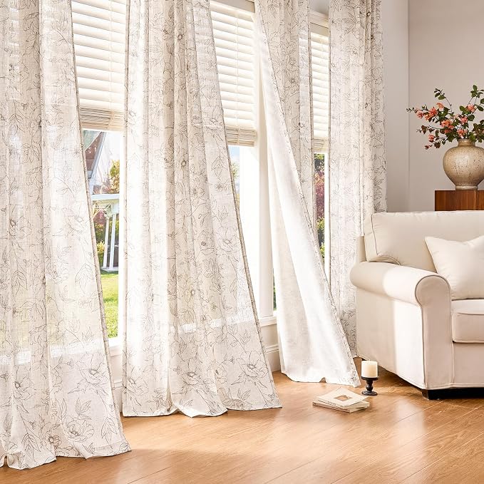 jinchan Linen Floral Curtains for Living Room 84 Inch Length Taupe Flower - Image 8