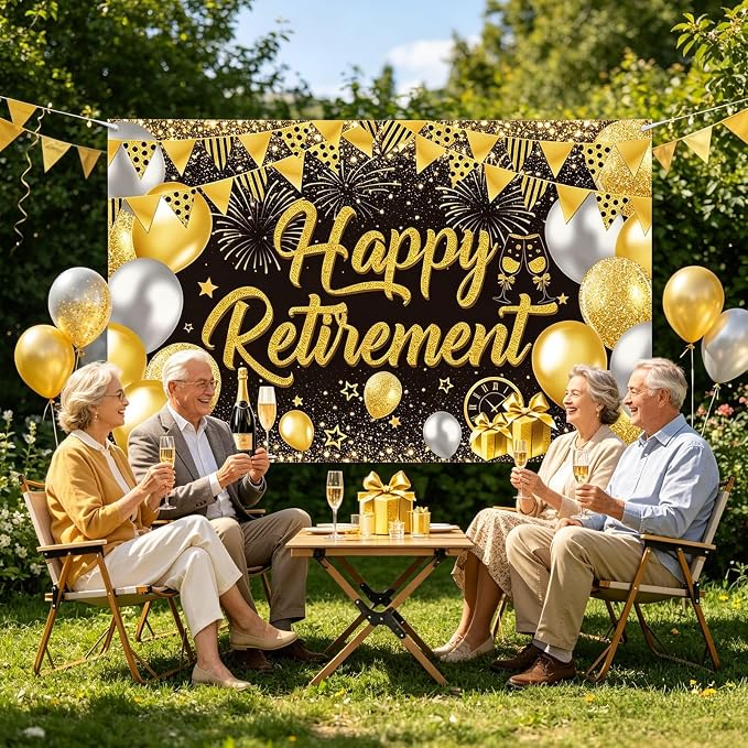 Black Gold Happy Retirement Banner Backdrop Photography Background Hanging - Image 4