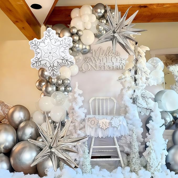 White Silver Snowflake Christmas Balloons, 18 Inch White Snowflake Foil Balloon - Image 3