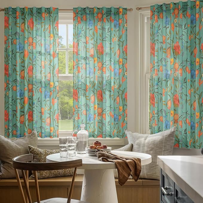 54 Inch Boho Floral Curtains Tropical Bird Print Linen Semi Sheer Window Drapes - Image 7