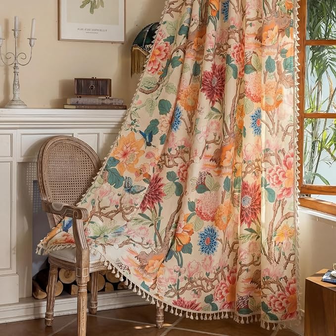 Floral Rod Pocket Semi Sheer Bedroom Curtains 84 Inch Length 2 Panels Set | by ENJOYBRIDAL