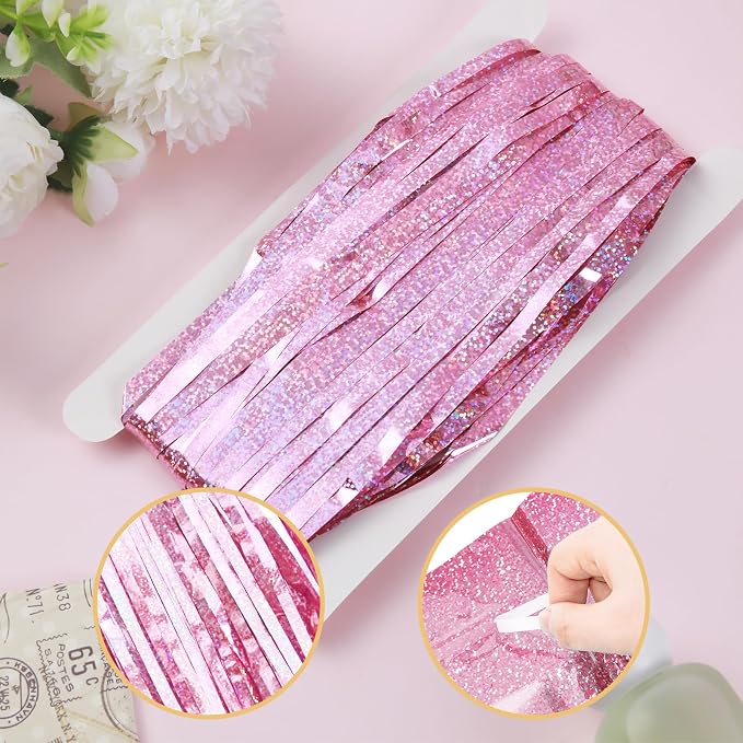 5 Pack Pink Foil Curtain Backdrop 3.2ft x 9.8ft Metallic Tinsel Foil Fringe - Image 4
