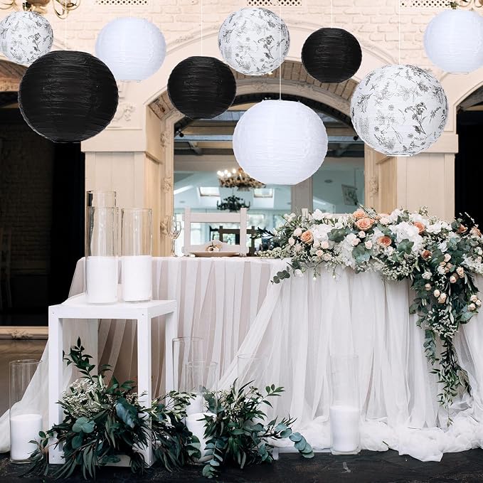 Riakrum 18 Pcs Floral Paper Lantern Set 10" 8" Black and White Round Lantern - Image 6