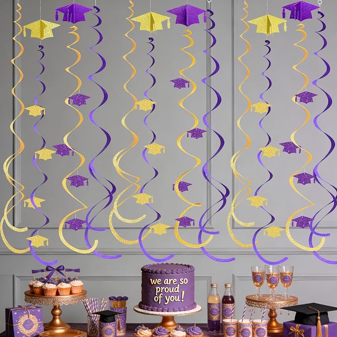24Pcs Purple Gold Graduation Grad Cap Hanging Felt Swirl Streamer Spiral - Image 4