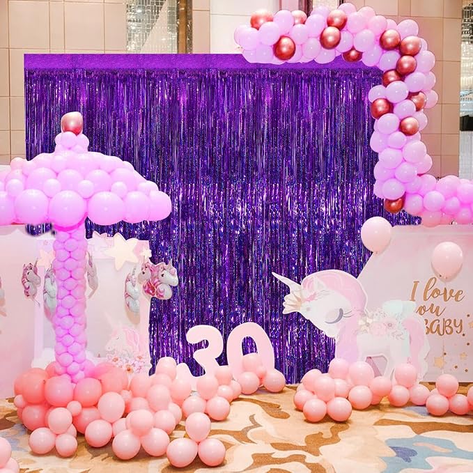 Purple Metallic Tinsel Foil Fringe Curtains, 2 Pack 3.3x8.3 Feet Party Streamer - Image 4