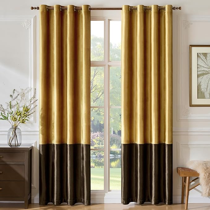 Brown Gold Velvet Blackout Curtains Luxury Decor 120 inches, Color Block | - Image 5