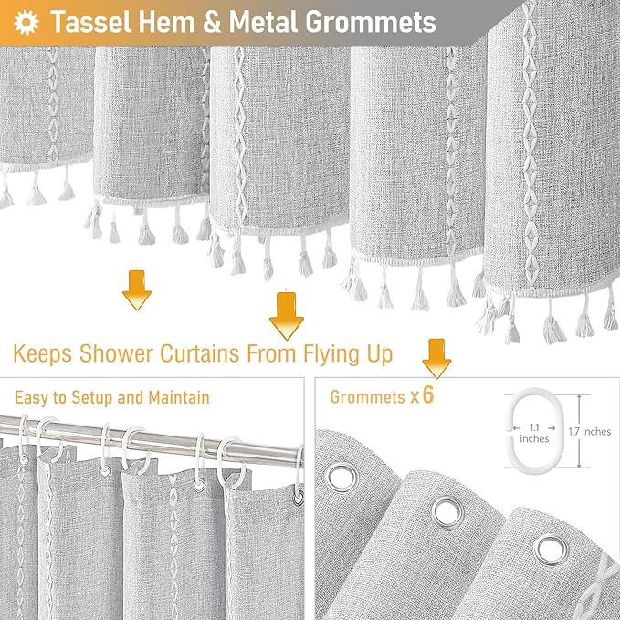 Small Boho Linen Heavy Duty Cloth Shower Curtain, 330GSM Linen Blend, Water - Image 5