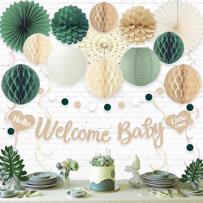 Sage Green Baby Shower Decorations Boy, Pre-Strung, Honeycomb Balls, Paper - Image 7