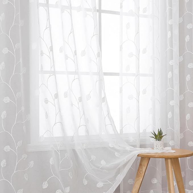 White Sheer Curtains Decorative Embroidered Leaf 63 Inches Long | Light by VISIONTEX