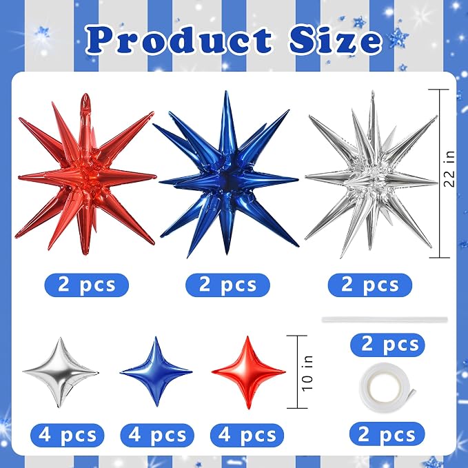 TONIFUL 18Pcs 22Inch Red Blue Silver Explosion Star Mylar Balloons and 10Inch - Image 2