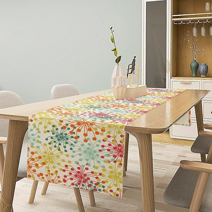 Mid Century Flower Table Runner, Colorful Geometric Abstract Chrysanthemum Vintage Farmhouse Decorations Orange Yellow Gray Table Runner for Kitchen Dining Holiday Party Decor, 13x60 Inch