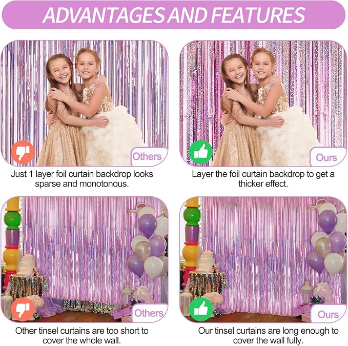 3 Pack 3.3 x 9.9 ft Holographic Pink Tinsel Streamers Party Decorations | Foil - Image 3