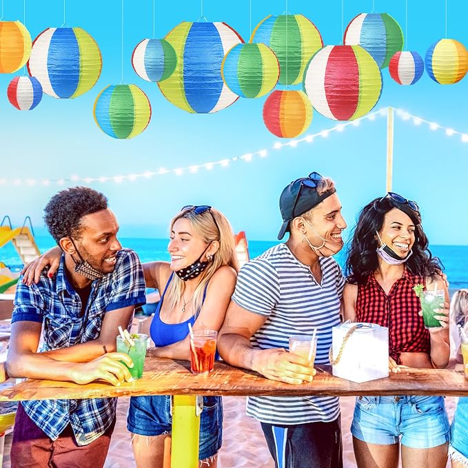 21Pcs Beach Ball Paper Lanterns, 4-10in Multicolor, Summer Luau Pool Decor | - Image 4