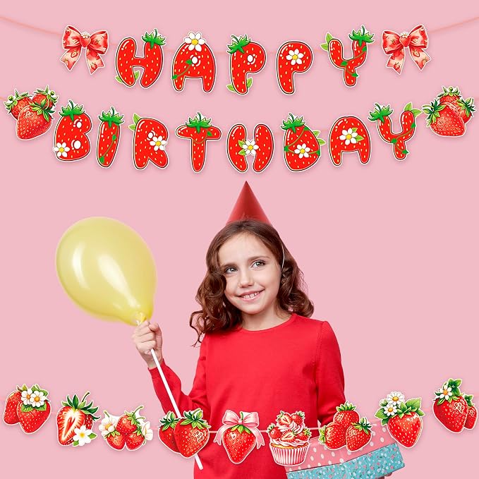 MEETINGU Strawberry Bow Happy Birthday Banner Birthday Party Decorations - Image 3