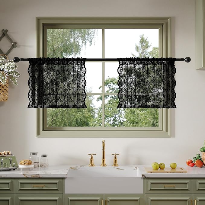 Anmao Vintage Lace Kitchen Curtains 18 Inches Long 2 Panels, Romantic Semi by Anmao