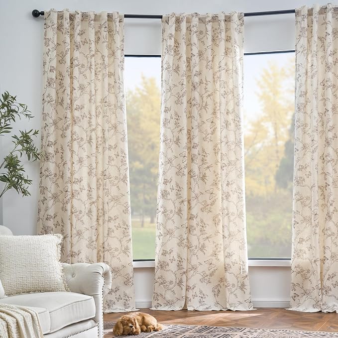 Black Floral Linen Lined Curtains Rod Pocket 50W X 96L 2 Panels | Charlotte - Image 6
