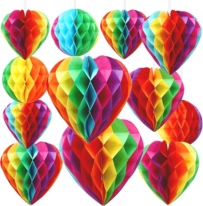BOARDFEB 12 Pcs Rainbow Heart Round Paper Honeycomb Balls Pride Decorations | by BOARDFEB