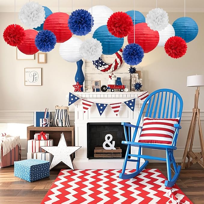 18 PCS Red White Blue Paper Lanterns & Tissue Paper Pom Poms - Image 5