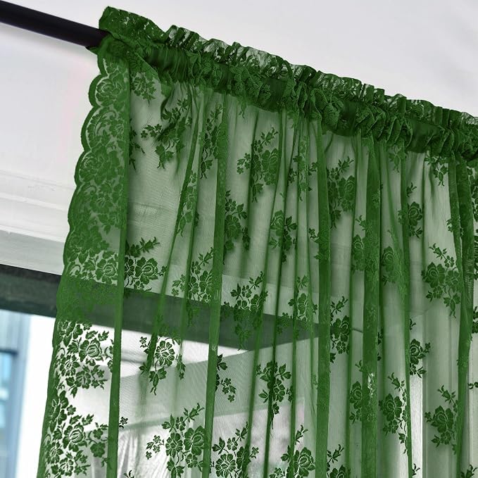 Kotile Emerald Green Sheer Curtains Rustic Floral 52 x 72 Inch, 2 Panels | Rod - Image 3