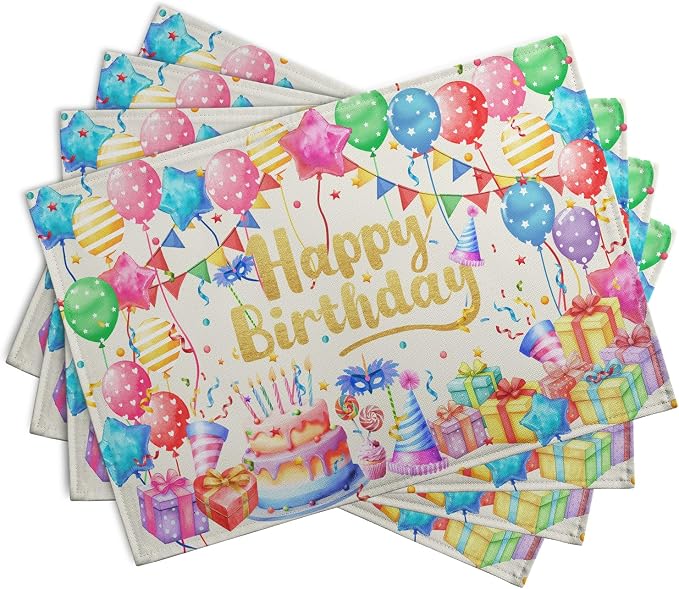 Happy Birthday Placemats Set of 4 Colorful Balloons Confetti Cake Linen Table - Image 2