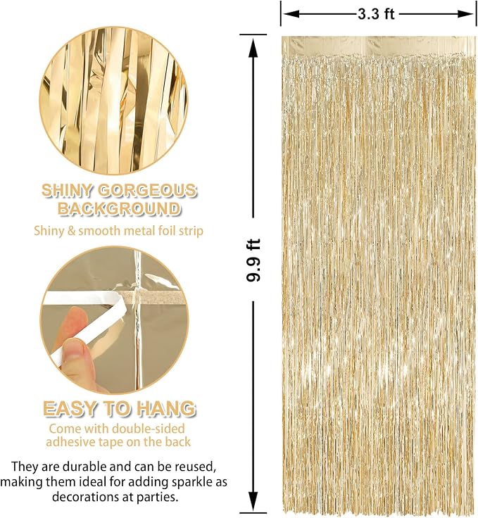 3 Pack 3.3 x 9.9 ft Champagne Gold Tinsel Streamers Party Decorations | Foil - Image 2
